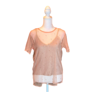 CHARLOTTE RUSSE Glittery Pink Tank Top with See-Through Beaded Top Size M